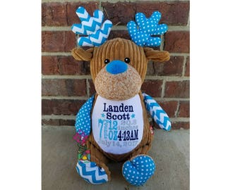 Peluche personalizado de alce niño para bebés - Arlequín - Bordado - Peluche - Anuncio de nacimiento - Regalo para bebé - Estado de nacimiento