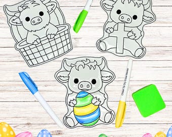 Muñecas de borrado en seco Highland Cows - Muñecas de borrado en seco de Pascua - Muñecas para colorear - Colorear de Pascua - Pascua - Cesta para rellenar - Cruz - Cesta