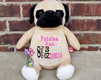 Cachorros de peluche personalizados con forma de animalito - Pug - Perro - Bordado - Animales de peluche - Anuncio de nacimiento - Regalo para bebé - Animal personalizado