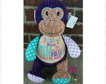 Cachorros de peluche personalizados - Mono morado - Bordado - Animales de peluche - Anuncio de nacimiento - Regalo para bebé - Datos de nacimiento
