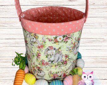 Cubo de Pascua acolchado - Cesta de Pascua - Pascua para niños - Cubo de Pascua de tela - Niña - Cesta de Pascua de conejito - Conejito floral - Huevo de Pascua