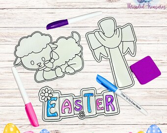 Muñecas de borrado en seco con forma de cruz de Pascua - Canasta de Pascua - Cordero - Muñecas para colorear - Colorear Pascua - Pascua - Muñeca para colorear plana