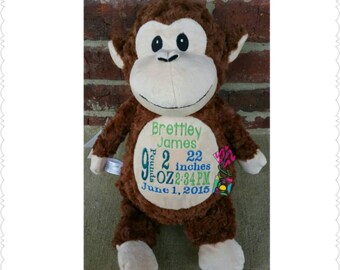 Cachorros de peluche personalizados para bebés - Mono - Bordado - Animales de peluche - Anuncio de nacimiento - Regalo para bebé - Animal personalizado