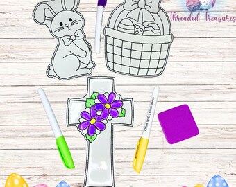 Muñecas de Pascua para borrar en seco - Muñecas para colorear - Colorear Pascua - Pascua - Cesta para rellenar - Conejito - Cruz - Cesta