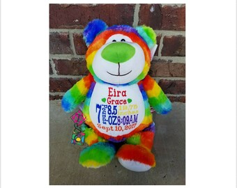 Cachorros de peluche personalizados para bebé - Bebé arcoíris - Bordados - Animales de peluche - Anuncio de nacimiento - Regalo para bebé - Datos de nacimiento
