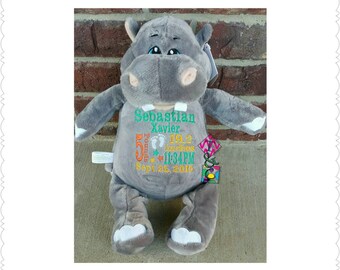 Cachorros de peluche personalizados para bebés - Hipopótamo - Bordado - Animales de peluche - Anuncio de nacimiento - Regalo para bebé - Datos de nacimiento