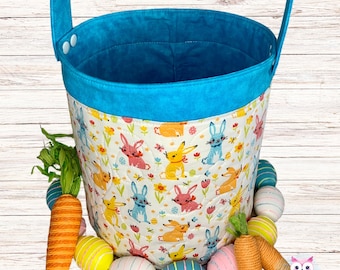 Cubo de Pascua acolchado - Cesta de Pascua - Pascua para niños - Cubo de Pascua de tela - Niño - Cesta de Pascua de conejito - Azul - Huevo de Pascua