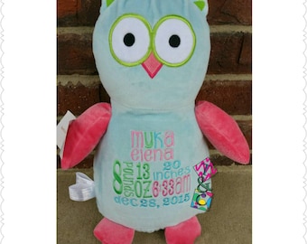 Cachorros de peluche personalizados para bebés - Búho - Bordado - Animales de peluche - Anuncio de nacimiento - Regalo para bebé - Datos de nacimiento