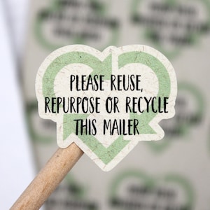 Reutilice, reutilice o recicle esta caja de correo, recicle pegatinas de corazón, pegatinas ecológicas, pegatinas de correo feliz, apoye a la pequeña tienda
