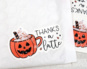 Jack O lantern Thanks A Latte Sticker, Pumpkin Spice Latte Fall Sticker, Happy Mail Sticker, Thank You Stickers for Small Business