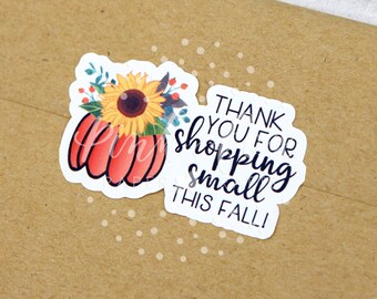 Thank You For Shopping Small This Fall, Sunflower Pumpkin Happy Mail Stickers, Orange Pumpkin, Fall Autumn Sticker, Small Business Packaging