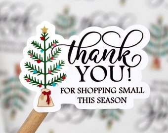 Gracias por comprar en pequeños negocios esta temporada. Pegatina navideña para enviar por correo. Pegatina para pequeñas tiendas de Etsy. Embalaje para apoyar a los pequeños negocios.