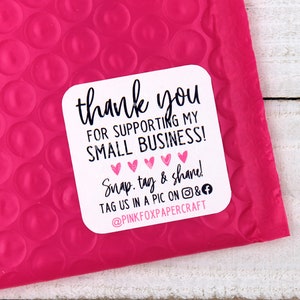 Pegatinas de agradecimiento por apoyar mi pequeña empresa, compartir etiquetas Snap Tag, etiquetarnos en Instagram y Facebook, pegatinas para redes sociales, tienda Etsy pequeña