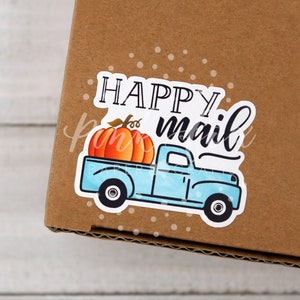 Pegatinas de correo feliz, camión de calabaza de otoño, camión vintage azul, pegatinas de agradecimiento de otoño, gracias por comprar pequeñas, pegatina de embalaje