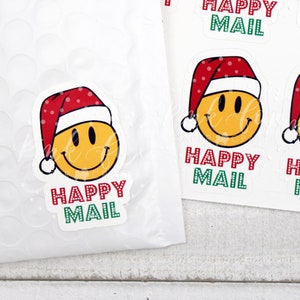 Smiley Santa Happy Mail, sticker kerstvakantie Happy Mail, ondersteunende verpakking voor kleine bedrijven, bedanksticker kerstman