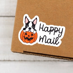 Pegatina de calabaza Boston Terrier, pegatina de correo feliz, pegatina de correo de embalaje de otoño de Halloween, suministros de tienda de Etsy, gracias por comprar pequeñas