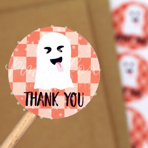 Pegatinas de agradecimiento fantasma, pegatinas de otoño de Halloween, pegatinas de correo feliz, fantasma lindo naranja a cuadros, pegatinas de agradecimiento para pequeñas empresas
