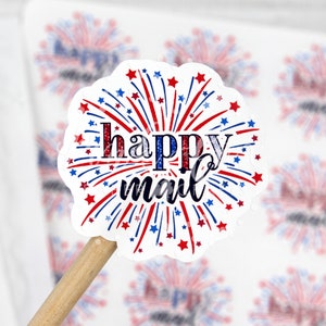 Pegatinas de correo feliz con fuegos artificiales, pegatinas del 4 de julio, pegatinas patrióticas estadounidenses en rojo, blanco y azul, gracias por comprar para pequeñas empresas.