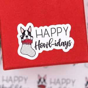 Boston Terrier Weihnachtsaufkleber, glückliche Howl-idays, Weihnachtsstrumpf glückliche Post, Verpackung Postbedarf, danke für den Einkauf klein