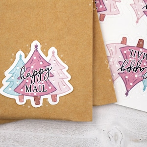 Happy Mail roze kerstbomen, bedankstickers voor kleine bedrijven, kerstvakantie Happy Mail-sticker, kerstbedankstickers