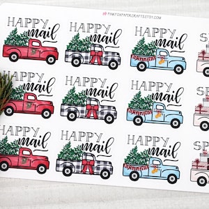 Stickers Happy Mail kerstvrachtwagen, rode vrachtwagenkerstboom, buffelruit, kerstcadeautjes, bedankt voor het winkelen klein, verpakkingssticker