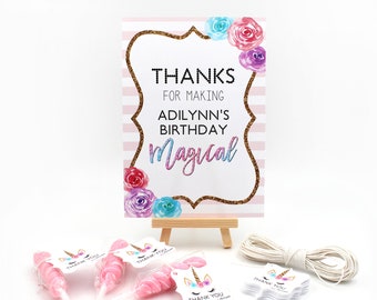 Unicorn Tags Package, Unicorn Birthday Party Favor Tags, Personalized Unicorn Thank You Favor Tag, Unicorn Party, Princess Floral Party