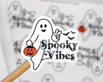 Spooky Vibes, Groovy Peace Ghost Halloween Sticker, Retro Fall Halloween, Happy Mail Thank You Sticker, Shop Small Business Shipping Label