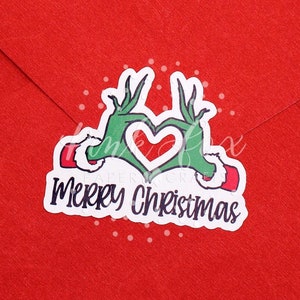 Frohe Weihnachten Aufkleber, Grinch Herz Hände, Happy Mail Aufkleber, Weihnachtskarte Aufkleber Label, Urlaub kleine Business-Geschenkverpackung