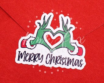 Merry Christmas Stickers, Grinch Heart Hands, Happy Mail Sticker, Christmas Card Stickers Label, Holiday Small Business Gift Wrapping