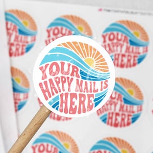 Stickers Here Comes The Sun, Your Happy Mail Is Here, Sunshine Happy Mail-sticker, bedanksticker, ondersteuning voor kleine bedrijven, zonsopgang en zonsondergang