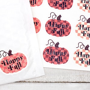 Happy Fall Checkered Pumpkin Stickers, Happy Mail Sticker Set, Small Business Stickers, Thank You Stickers for Small Business Packaging