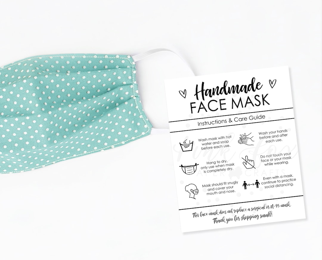 PRINTABLE Face Mask Care Card, Handmade Face Mask Tag, Cloth Face Mask