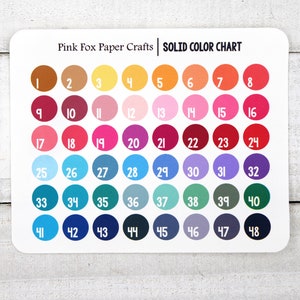 May include: A color chart with 48 different colored circles, numbered 1 through 48. The chart is labeled "Pink Fox Paper Crafts SOLID COLOR CHART".