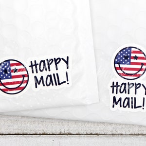 Stickers Happy Mail du 4 juillet, Stickers smiley, Sticker drapeau américain rouge, blanc et bleu, Merci d'avoir fait vos achats