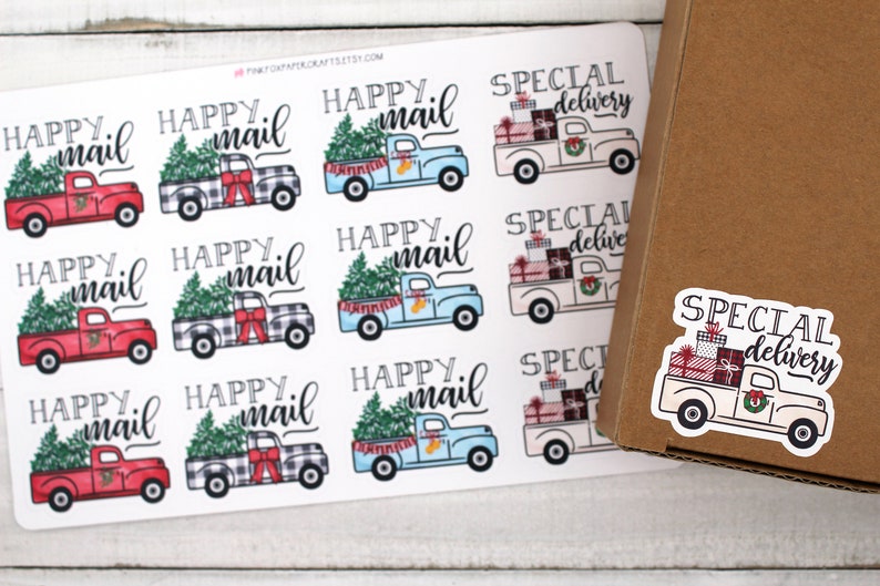 Christmas Truck Happy Mail Stickers, Red Truck Christmas Tree, Buffalo Check, Xmas Presents, Thank You For Shopping Small, Packaging Sticker image 7