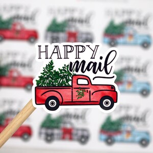 Christmas Truck Happy Mail Stickers, Red Truck Christmas Tree, Buffalo Check, Xmas Presents, Thank You For Shopping Small, Packaging Sticker image 2