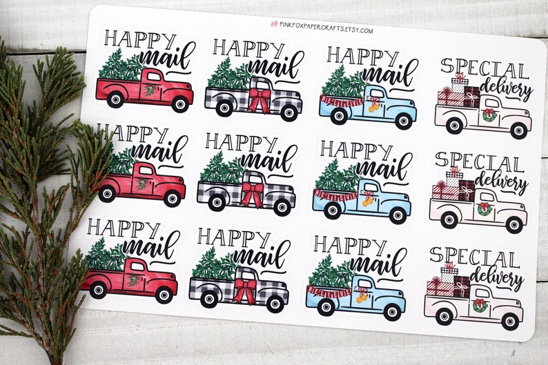 Christmas Truck Happy Mail Stickers, Red Truck Christmas Tree, Buffalo Check, Xmas Presents, Thank You For Shopping Small, Packaging Sticker image 1