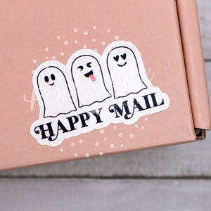 Sticker Smiley Ghosts Happy Mail, sticker Halloween herfst, bedanktsticker, bedankt voor je bestelling, bedanktstickers voor kleine bedrijven