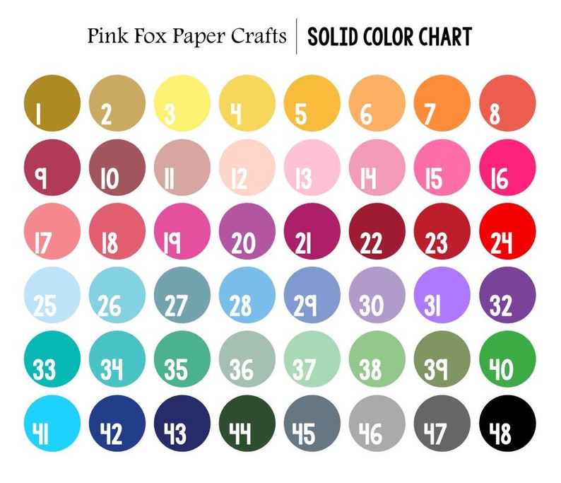 May include: A color chart with 48 different colors, numbered 1 through 48. The colors are arranged in rows of eight, with each color represented by a circle.