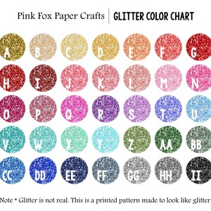 May include: A color chart of glitter colors labeled with letters from A to II. The chart is a printed pattern made to look like glitter.