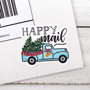 Christmas Truck Happy Mail Stickers, Red Truck Christmas Tree, Buffalo Check, Xmas Presents, Thank You For Shopping Small, Packaging Sticker image 3