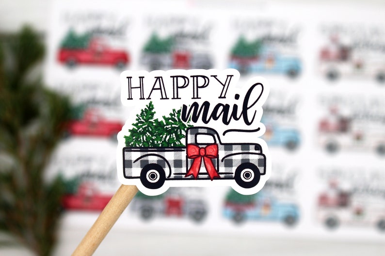 Christmas Truck Happy Mail Stickers, Red Truck Christmas Tree, Buffalo Check, Xmas Presents, Thank You For Shopping Small, Packaging Sticker image 4