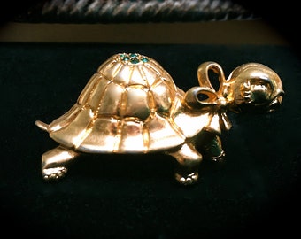 Vintage Napier Turtle Pin Brooch with Green Stones - 1980s