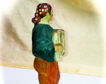 Vintage ANRI-Style Hand-Carved Colorful Gypsy Accordian Player 1930s Troubador