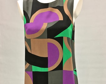 Vintage M Missoni Silk A-line Dress ~1970s ~Classic Princess Bodice Design ~Bold Beautiful Pattern ~Green Purple Black Bronze ~Made in Italy