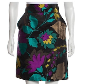 Beautiful Vintage ESCADA Black and Bright Floral Silk Skirt with Dual Front Pockets