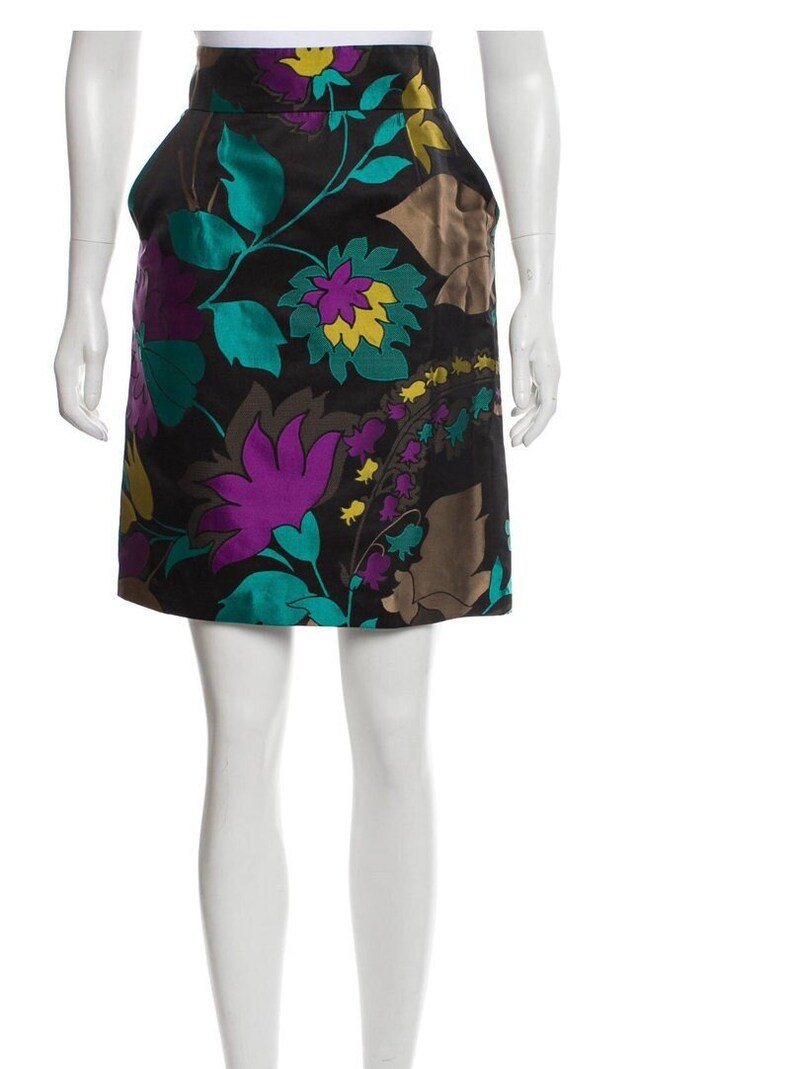 Beautiful Vintage ESCADA Black and Bright Floral Silk Skirt with Dual Front Pockets image 1