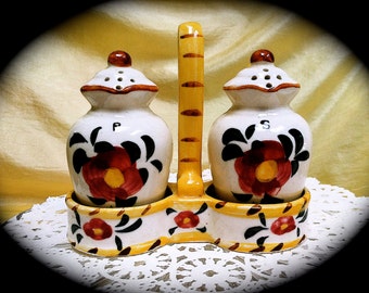 Vintage Hand Painted Floral 1950s Salt and Pepper Shakers Made in Japan 3 Piece Set Handled Jug Shape in Holder