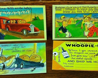 Four Humorous Vintage Postcards Unused Brightly Colored Collectible ~ Car and Trailer ~ Drunk~ Farmers Daughter~ Whoopie