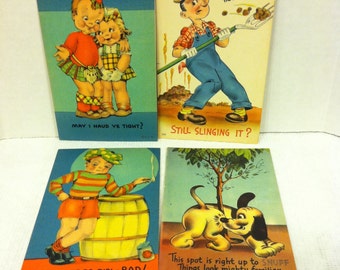 Four Humorous Vintage Postcards Unused Brightly Colored ~Collectible ~ Dog ~ Scottish Children in Plaid~ Farmer~ Tough Guy